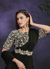 Black Crape Satin Embroidered Ready to Wear Saree